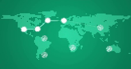 Canvas Print - Animation of network of connections over world map on green background