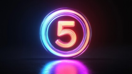 Poster - Neon number five with glowing lights on dark background, futuristic concept