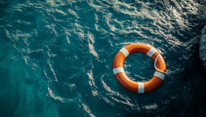 Lifebuoy floating on tranquil sea water, representing safety and assurance for swimmers in danger