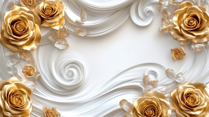 Circular decorative pattern of golden roses, highlighted by a swirling silver-white background, creating an elegant and dynamic design