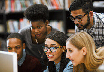 Aufkleber - University, people and research with computer in library for campus, website and online results. Academy, friends and students reading info on tech for email, communication and group assignment mark