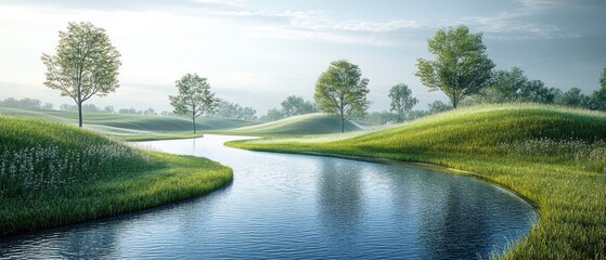 Wall Mural - Serene River Winding Through Lush Green Meadows