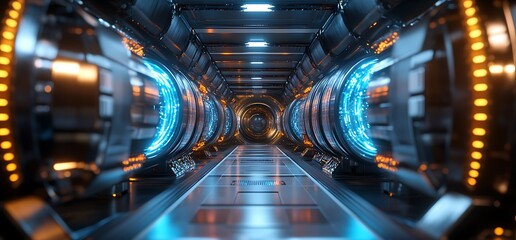 A futuristic corridor with glowing elements and metallic surfaces.