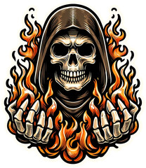 Sticker - Grim Reaper Skull Illustration with Flames