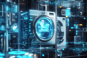Futuristic washing machine surrounded by holographic laundry images in a cyberpunk digital scene