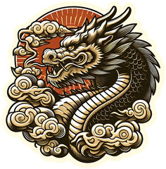 Sticker - Chinese Dragon Illustration with Sun and Clouds, Tattoo Design