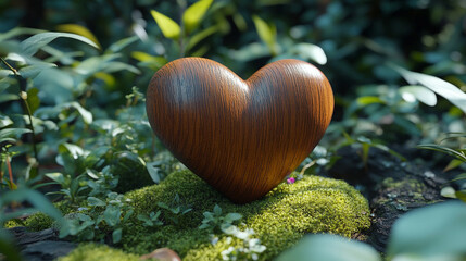 Wall Mural - wooden heart rests on a lush mossy forest floor, symbolizing the connection between nature and human emotions, emphasizing harmony, love, and tranquility in a serene natural environment