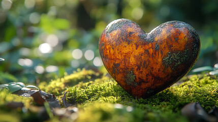 Wall Mural - wooden heart rests on a lush mossy forest floor, symbolizing the connection between nature and human emotions, emphasizing harmony, love, and tranquility in a serene natural environment