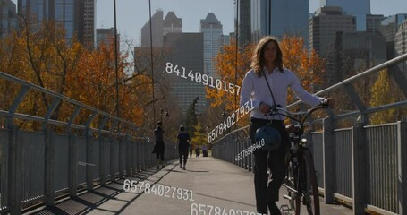 Poster - Animation of digital data processing over caucasian man with bike in city