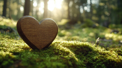 Canvas Print - wooden heart rests on a lush mossy forest floor, symbolizing the connection between nature and human emotions, emphasizing harmony, love, and tranquility in a serene natural environment