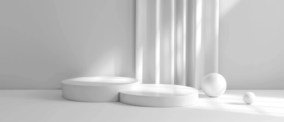 Canvas Print - Minimalist White Display with Two Circular Platforms and Two Spheres