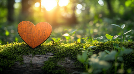 Sticker - wooden heart rests on a lush mossy forest floor, symbolizing the connection between nature and human emotions, emphasizing harmony, love, and tranquility in a serene natural environment