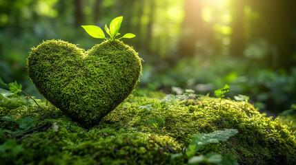 Wall Mural - wooden heart rests on a lush mossy forest floor, symbolizing the connection between nature and human emotions, emphasizing harmony, love, and tranquility in a serene natural environment