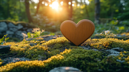 Sticker - wooden heart rests on a lush mossy forest floor, symbolizing the connection between nature and human emotions, emphasizing harmony, love, and tranquility in a serene natural environment