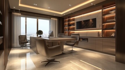 Poster - modern office interior featuring a large wooden desk and elegant seating arrangement with a view of 