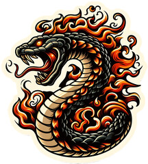 Sticker - Fiery Snake Tattoo Design,  Black and Orange Illustration