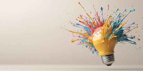 Poster - Yellow light bulb exploding with colorful paint splashing for creative idea concept