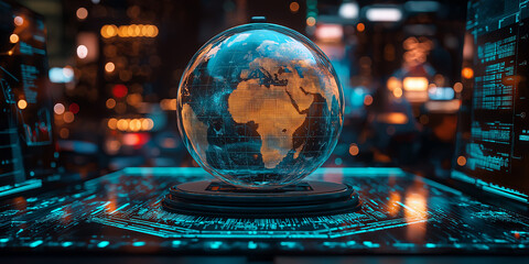 Poster - Hologram of planet earth rotating on futuristic electronic circuit board surrounded by computer screens