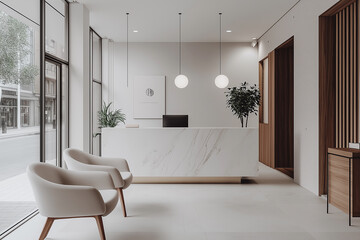 Aufkleber - Modern and minimalist office reception interior with marble desk and plants