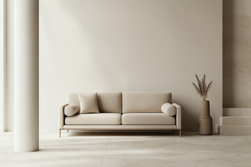 Poster - Modern minimalist living room interior with beige sofa and sunlight shining through window