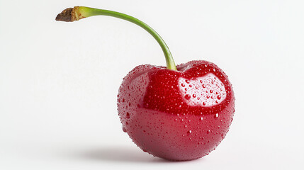 Poster - Ripe red cherry covered with water droplets on white background