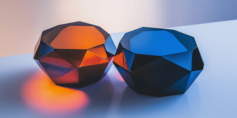 Two abstract faceted shapes casting colorful shadows on surface