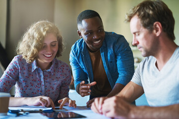 Aufkleber - Business people, meeting and happy collaboration in office with diversity and planning for news schedule. Digital, tablet and teamwork for content creation and work conversation at press agency