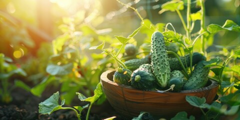 Wall Mural - Fresh organic cucumber plant in sunny weather with a wooden bowl in the garden blurred