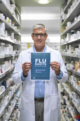 Poster - Mature man, portrait and doctor with poster for vaccine, flu shots or healthcare advice at pharmacy. Male person, medical employee or pharmacist with paper for vaccination or pharmaceuticals at store