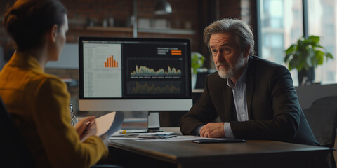 Poster - Business people having a meeting about financial charts on a computer