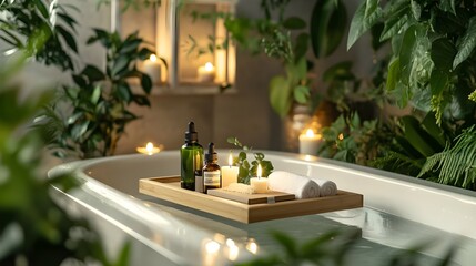 Wall Mural - A serene stock photo of a spa-style bathtub setup, featuring a wooden bath tray with candles, essential oils, and a book.