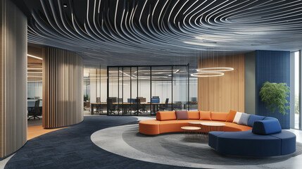 Poster - Modern open space office interior with curved sofa and wooden wall decor
