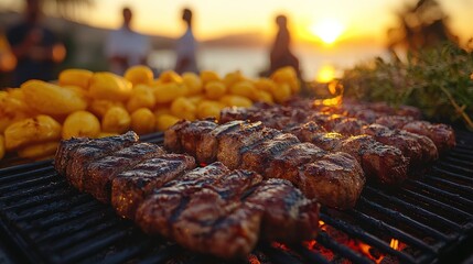 Wall Mural - Grilled Meat and Potatoes on a BBQ at Sunset