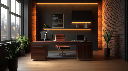 Aufkleber - Modern office interior with exposed brick wall and large window overlooking city