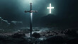 © Andres Mejia - Medieval sword standing upright by glowing cross on dark battlefield