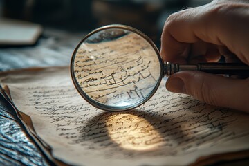 A hand holding a magnifying glass over an old, handwritten document. Perfect for historical or research themes.