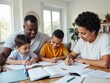 © Derek Brumby - A joyful family consisting of parents and two young boys are gathered around a table, engaging in an interactive study session in a bright and cozy living room.