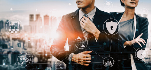 Poster - Cyber Security and Digital Data Protection Concept. Icon interface showing secure firewall technology for online data access defense against hacker, virus and insecure information for privacy. uds