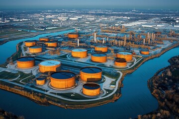 Wall Mural - Aerial View of a Large Industrial Complex Surrounded by Water