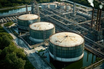 Aerial View of Industrial Complex with Storage Tanks and Pipes