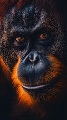 Orangutan Monkey Close-up, Face, Photo Realistic, Background for, Wallpaper, Cover and Screen of Smartphone, PC, Laptop, 9:16 and 16:9 Format