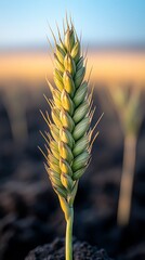 Wall Mural - Close-up of an ear of wheat growing in black soil. Lone ear of wheat standing apart from the field.