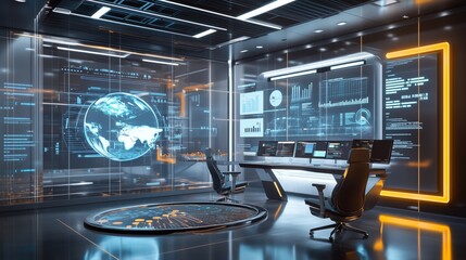 Poster - Futuristic control room with advanced technology and interactive globes during a high-tech monitoring session