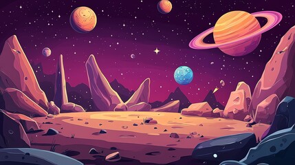 Wall Mural - A Colorful, Starry Night Sky with Planets and an Alien Landscape