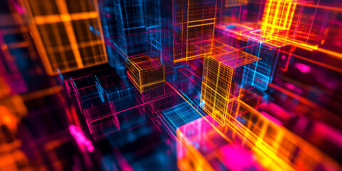 Poster - Abstract technology background with glowing lines forming cubes and grids