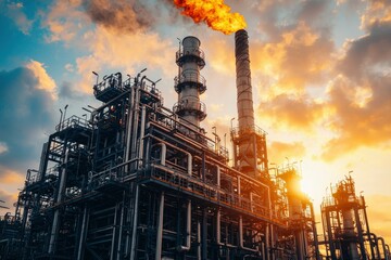 Wall Mural - Industrial Factory with Flaming Chimney at Sunset