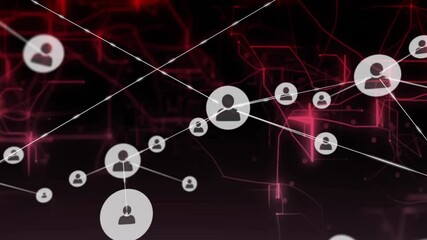 Poster - animation of network of connections with icons over red shapes