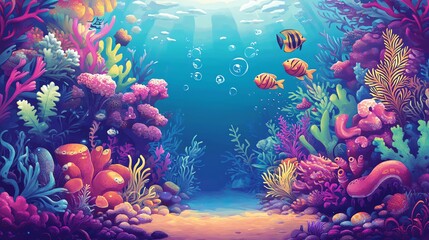 Wall Mural - Vibrant Underwater Scene with Coral Reef, Seaweed, and Fish