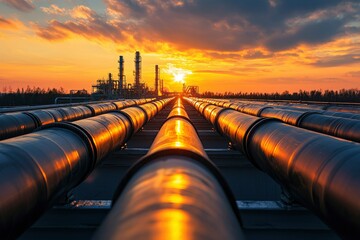 Oil Pipeline at Sunset with Industrial Facility in the Background