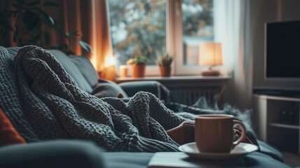 Wall Mural - Cozy indoor setting with warm lighting, blanket, tea, and plants during a calm evening at home